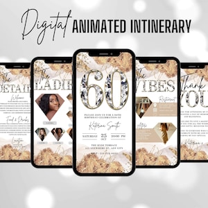 Faire-part numérique 60e anniversaire, invitation animée diamants glam argent blanc or pour elle, Evite de luxe, itinéraire auto-modifiable, lot de cartes électroniques