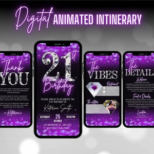 Digital 21st Birthday Invitation, Animated Purple Womens Dinner Party Invite, Luxury 21st Brunch Evite, Self Editable Vibes Itinerary eCard