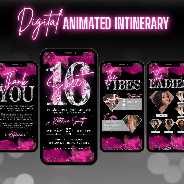 Digital Sweet Sixteen Invitation, Animated 16th birthday Hot Pink Diamond Invite, Luxury Evite, Editable Vibes Itinerary & Thank You eCard
