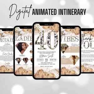 Digital 40th Birthday Invitation, Animated Gold Silver White Glam Diamond Invite For Her, Luxury Evite, Self Editable Itinerary eCard Bundle