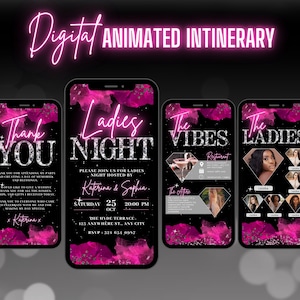 Digital Ladies Night Out Invitation, Animated Hot Pink Birthday Invite, Bachelorette Party Evite, Editable Vibes Itinerary & Thank You eCard
