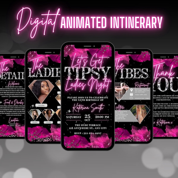 Digital Ladies Night Invitation, Animated Hot Pink Lets Get Tipsy Invite, Fun Adult Evening Evite, Self Editable Itinerary eCard Bundle