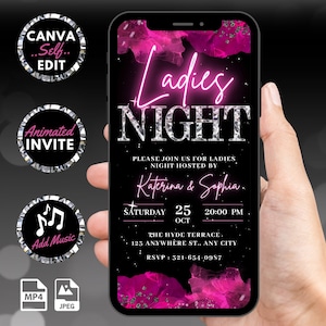 Digitale Ladies Night Out-Einladung, animierte Pink-Geburtstagseinladung, Junggesellinnenparty Evite, selbst bearbeitbare benutzerdefinierte Canva-Vorlage eCard