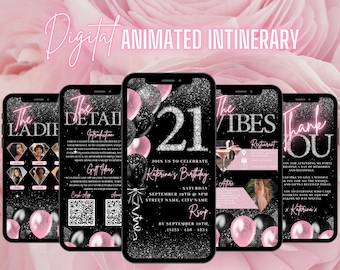 Invito digitale per il 21° compleanno, invito animato rosa cipria per lei, invito digitale con diamanti, programma e biglietto di ringraziamento modificabili.