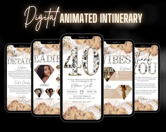 May include: A digital invitation for a 40th birthday party. The invitation features a gold and white marble background with a large number "40" in the center. The text "Please join us to celebrate the 40th birthday of Katerina Smith" is written in black text. The date and time of the party are listed below the text. The invitation also includes a section for "The Details" and a section for "The Vibes".