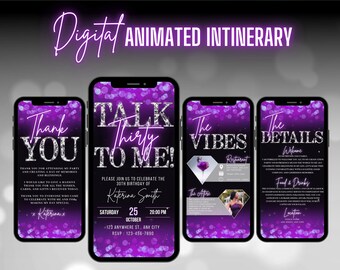 Digitale Dirty 30-verjaardagsuitnodiging, Talk Thirty To Me Invite, leuke paarse 30th Party Evite, zelf bewerkbare Vibes-routebeschrijving en bedank-e-card
