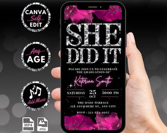 Digital Graduation Party Invitation, Animated Hot Pink Text Message Evite For Her, Womens She Did It Invite, Self Editable Template eCard