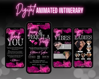 Digital Tacos & Tequila Invitation, Animated Hot Pink Tropical Birthday Invite, Backyard BBQ Evite, Editable Vibe Itinerary, Thank You eCard