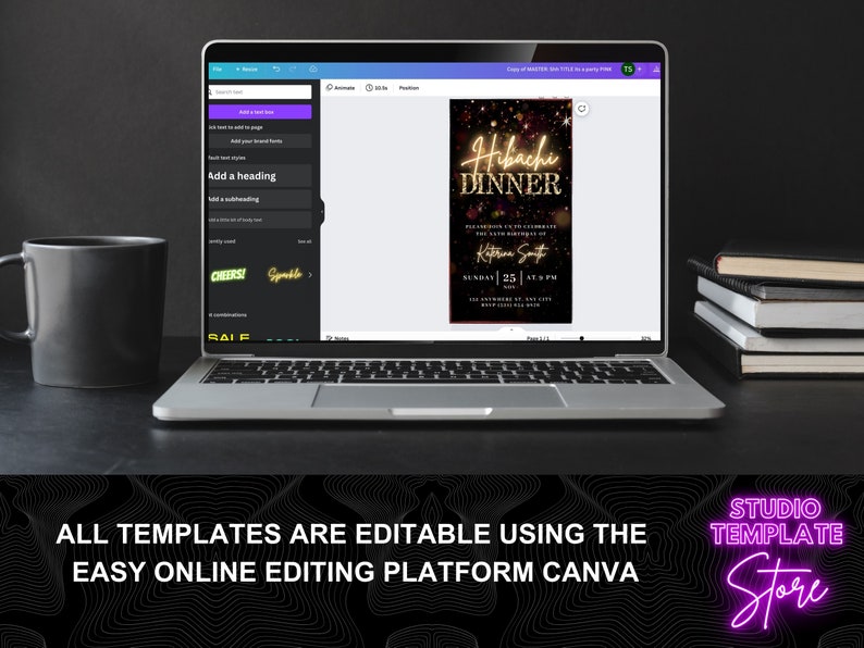 May include: A laptop computer displaying a digital invitation template for a Hibachi dinner. The template features a black background with gold glitter and text that reads "Hibachi Dinner" and "Katrina Suite". The text "SUNDAY 25 | AT 7 PM" is also visible. The laptop is on a black surface with a black coffee mug to the left.