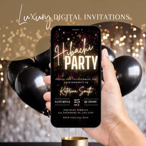 Digital Hibachi Party Invitation, Animated Birthday Dinner Invite, Black Gold Japanese Restaurant Evite, Self Editable DIY Template eCard