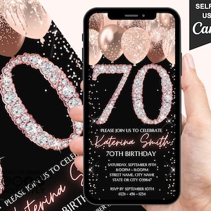 70e digitale flyer verjaardagsuitnodiging, 70e DIY-feestuitnodiging voor vrouwen, Rose Gold Seventy Evite For Her, zelf bewerkbare sjabloon e-card