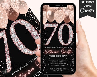 70th Digital Flyer Birthday Invitation, DIY 70th Party Invite For Women, Rose Gold Seventy Evite For Her, Self Editable Template eCard