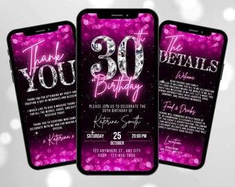 Digitale Einladung zum 30. Geburtstag, animierte rosafarbene 30-Glam-Einladung für Frauen, Diamant-Luxus-Einladung für Sie, Selbstbearbeitungs-Reiseplan-eCard