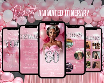 Digital 60th Birthday Invitation, Animated 60 Party Brunch Invite, Blush Pink Dinner Evite For Women, Editable Vibes Itinerary eCard Bundle