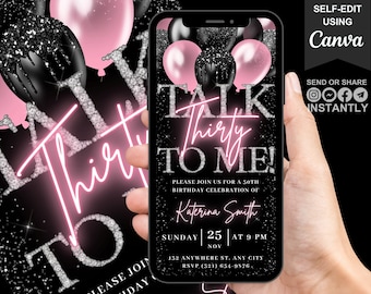Puede incluir: Un fondo negro y plateado con purpurina con globos rosas y texto rosa neón que dice "Talk Thirty To Me!" Esta es una invitación digital para una fiesta de cumpleaños número 30 para Katerina Smith. La fiesta es el domingo 25 de noviembre a las 9 PM. La dirección es 132 Anywhere St, Any City. El número de RSVP es (321) 654-9876.