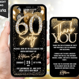 Digital 60th Birthday Invitation, Animated Sixty Black Gold Invite For Men, Dinner Party Evite For Women, Self Editable Template eCard