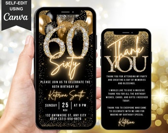 Digitale Einladung zum 60. Geburtstag, animierte Sechzig-Schwarz-Gold-Einladung für Männer, Dinner-Party-Einladung für Frauen, selbst bearbeitbare Vorlage eCard