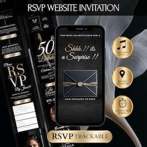 Op de afbeelding: Een digitale RSVP-website-uitnodiging weergegeven op een smartphonescherm met een zwarte achtergrond en gouden tekst. Het scherm toont een afbeelding van een zwarte envelop met gouden touwtje en lakzegel, met de tekst Shhh!! its a Surprise !!.