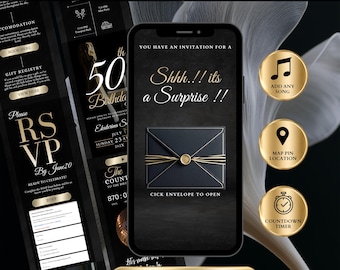 Surprise 50th Birthday Invitation Site With RSVP, Digital Black Luxury Envelope Evite, Elegant Gold Canva Template, Trackable Guest Invite