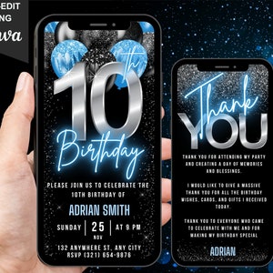 Digitale Einladung zum 10. Geburtstag, animierte blau silberne zehnte Einladung, Kinder Jungen und Mädchen Bowling Gaming Evite, selbst bearbeitbar Danke eCard