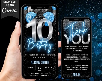 Digital 10th Birthday Invitation, Animated Blue Silver Tenth Invite, Kids Boys and Girls Bowling Gaming Evite, Self Editable Thank You eCard