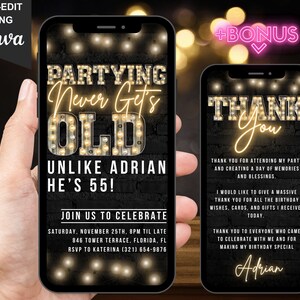 Digital 55th Birthday Invitation, Funny Animated 55th Invite, Adult Gold Rustic Backyard BBQ Party Evite, Self Editable Canva Ecard For Men