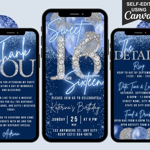 Digitale Sweet Sixteen verjaardagsuitnodiging, geanimeerde uitnodiging voor 16e verjaardagsfeestje, blauwe zilveren diamanten, bewerkbaar reisplan en e-card bedankt