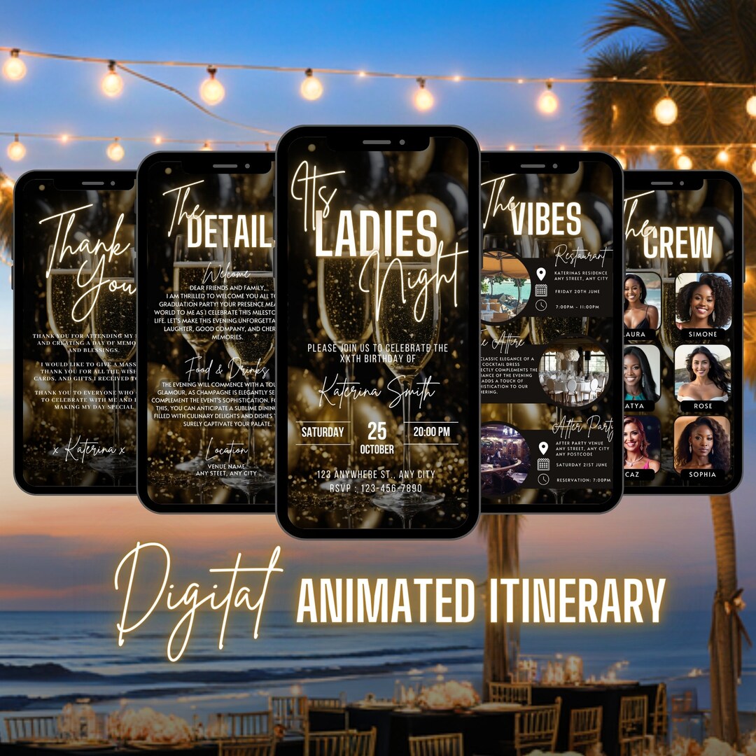 Digital Ladies Night Invitation, Animated Birthday Dinner Black Gold ...
