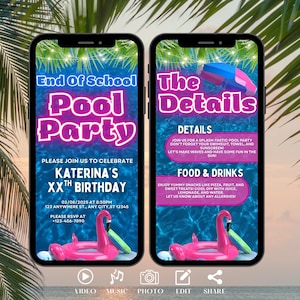 Girls End Of School Pool Party Invitation. Pink Digital Tropical Summer Invite, Birthday Evite, Video eCard, Slumber DIY Editable Template