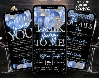 Digital Dirty 30 Birthday Invitation, Talk Thirty To Me Invite, Blue Black 30th Party Evite, Self Editable Itinerary & Thank You eCard