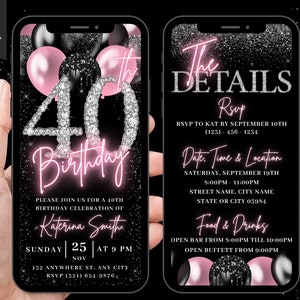 Digital 40th Birthday Invitation, Blush Pink Girls 40 Balloon Diamond Invite For Her, Womens Animated Evite, Self Editable Itinerary eCard