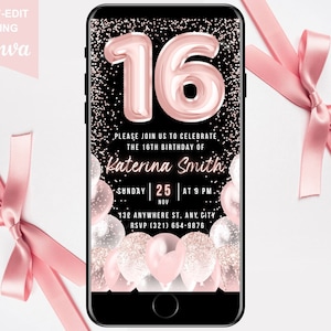 Invitación digital para el cumpleaños número 16, invitación electrónica para fiesta de cumpleaños número 16, texto rosa ruborizado para fiesta de dulces 16, plantilla animada editable