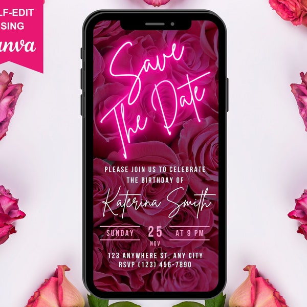 Digital Save The Date Digital Hot Pink Birthday Invitation, Floral Roses Electronic Phone Text Message Evite, 40th, 50th, 60th, 70th, Invite