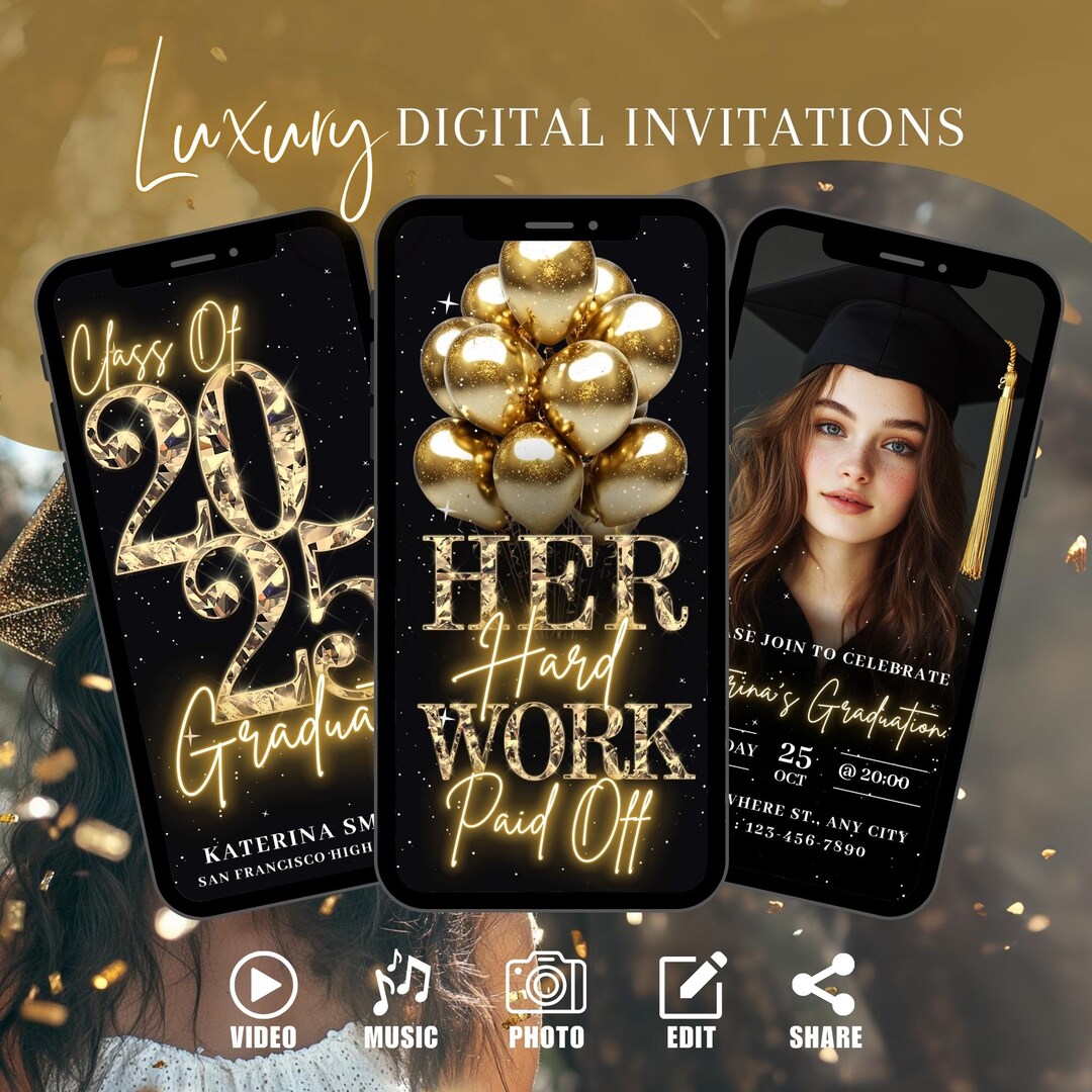 Gold Graduation Invitation, Digital Black Gold Trunk Party Invite, High ...