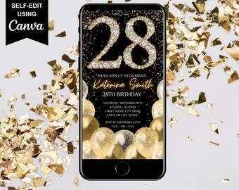 Digital 28th Birthday Party Invitation, 28th Electronic Phone Text Evite, Black Gold, Diamond Balloons, Instant Download Editable Template