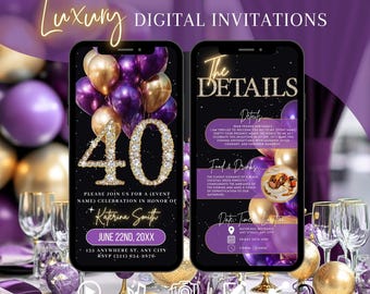 40th Birthday Invitation Digital, Purple Gold Glitter Canva Template, Elegant Milestone Party eCard for Women, Editable Invite