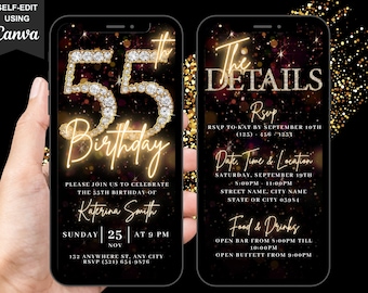 Digital 55th Birthday Party Video Invitation, 55th Glam Invite For Her, Animated Black Gold Silver Diamond Evite, Editable Itinerary eCard