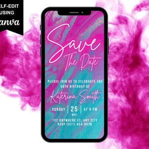 Invitación digital para guardar la fecha, mensaje de texto electrónico con neón azul y rosa intenso de Evite, plantilla editable, descarga instantánea