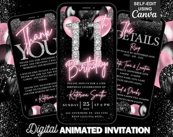 Digital 11th Birthday Invitation, Animated Cute Blush Pink Invite, Girls Eleven Years Old Evite, Self Editable Itinerary & Thank You eCard