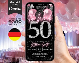 Deutsche Digitale Einladung Geburtstag 50, Animated 50th Blush Pink Invite, Womens Brunch Dinner Party Evite, Self Editable Template eCard