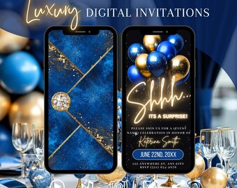 Surprise Birthday Party Invitation, Digital Shhh Its A Surprise Invite, Elegant Blue Gold Modern Evite For Women, Self Edit Template eCard