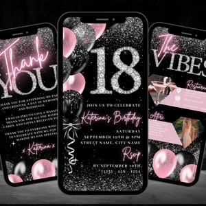 Digital 18th Birthday Invitation, Animated 18th Blush Pink Girls Invite For Her, Cute Diamond Evite, Editable Itinerary & Thank You eCard