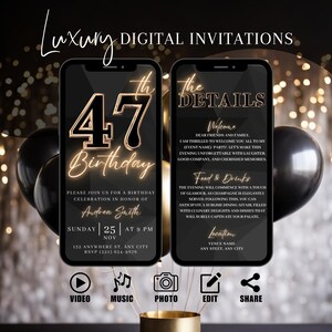 47th Birthday Party Invitation, Digital Black Gold Dinner Invite For Men, Black Tie Video Evite For Him, Self Editable DIY Itinerary eCard