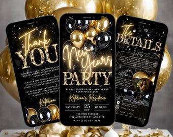 Digital New Years Eve Party Invitation, Animated 2025 NYE Party Invite, Black Gold Video Evite, Self Editable Itinerary Template DIY eCard