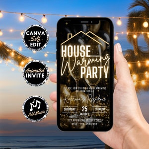 Convite digital para festa de inauguração, convite animado para inauguração de casa para mulheres, convite para apartamento novo dourado, modelo de cartão eletrônico autoeditável