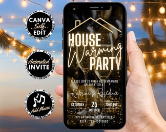 Digital Housewarming Party Invitation, Animated House Warming Invite For Women, Gold New Apartment Home Evite, Self Editable Template Ecard