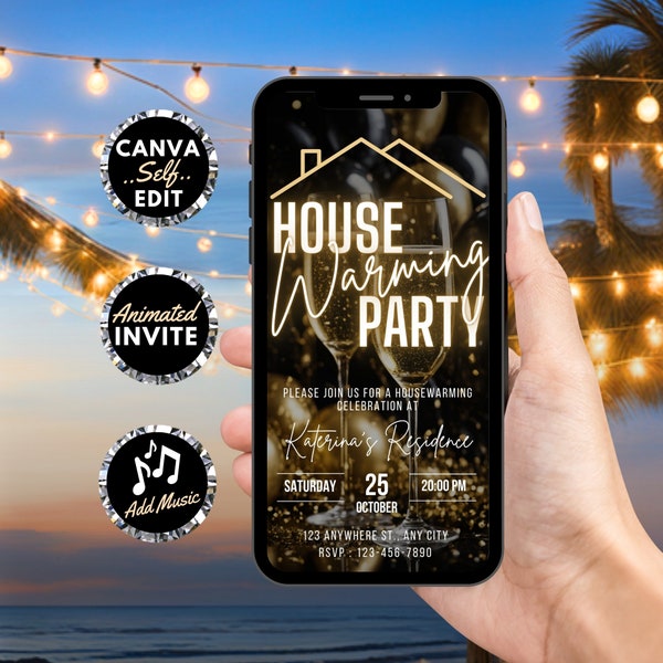 Digital Housewarming Party Invitation, Animated House Warming Invite For Women, Gold New Apartment Home Evite, Self Editable Template Ecard