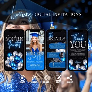 Invito di invio per college blu digitale, invito per festa di laurea femminile, invito fotografico per scuola superiore, modello di foto di addio eCard