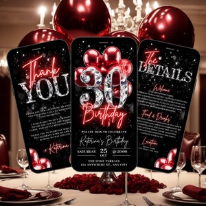 Invitación digital para 30 cumpleaños, invitación animada para cena de Red Thirty Diamonds, Brunch de Evite para mujeres, tarjeta electrónica con itinerario autoeditable