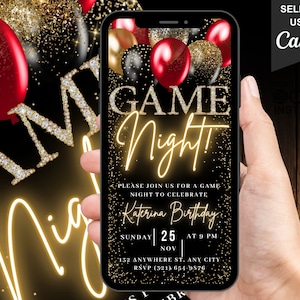 May include: A digital invitation for a game night party with a black background, gold glitter, and red balloons. The text reads "Game Night!" with the words "Please join us for a game night to celebrate Katerina Birthday. Sunday 25 Nov at 9 PM. 132 Anywhere St. Any City. RSVP (321) 654-9876."